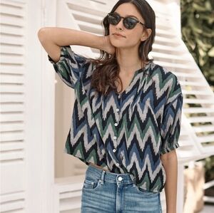 Garnet Hill Uma Ikat Button-Front Blouse Blue Green Gray Zig Zag Size Large